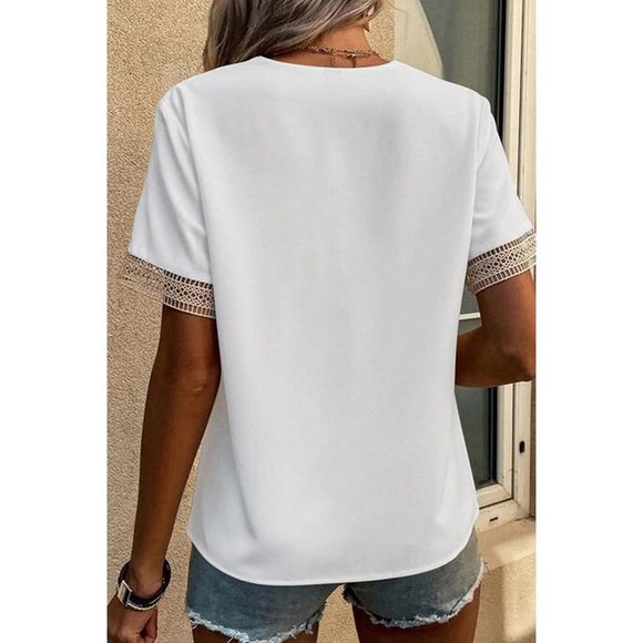 Azura Exchange  White Lace Trim V Neck Short Sleeve Blouse - Picture 6 of 15